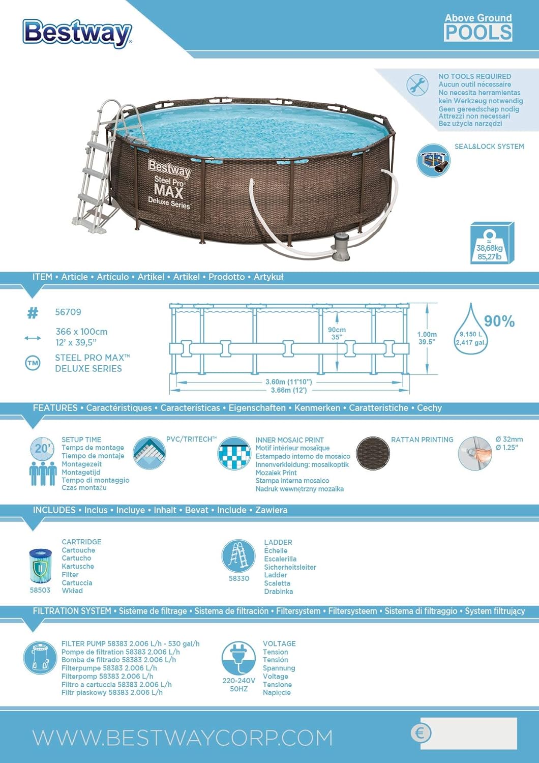 Power Steel Deluxe Piscine tubulaire ronde avec cadre en acier solide Kit complet Aspect rotin 366 x 100 cm,Marron