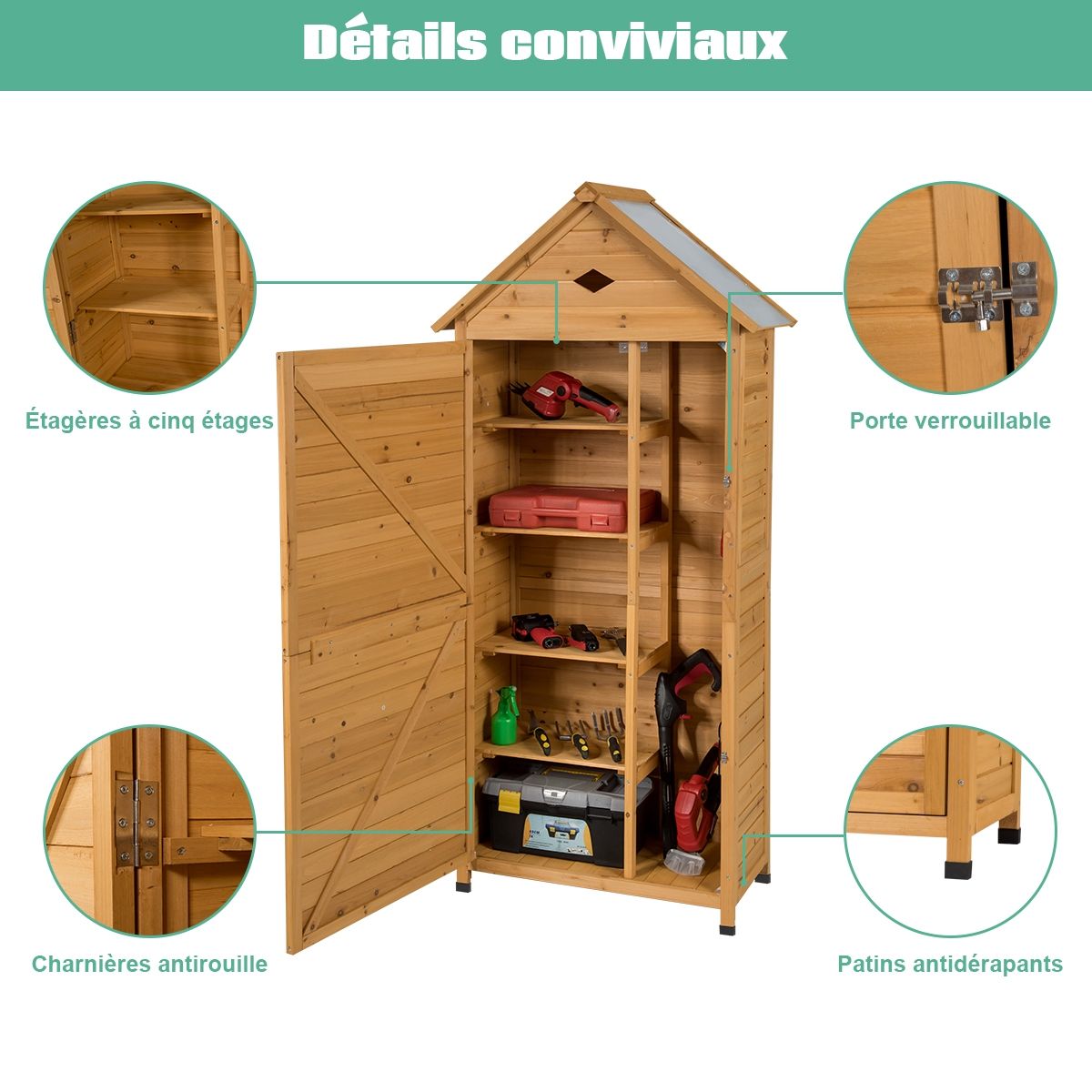 Abri de Jardin Extérieur à 5 Etagères Cabane Verrouillable en Bois de Sapin Toit en Tôle Galvanisée -