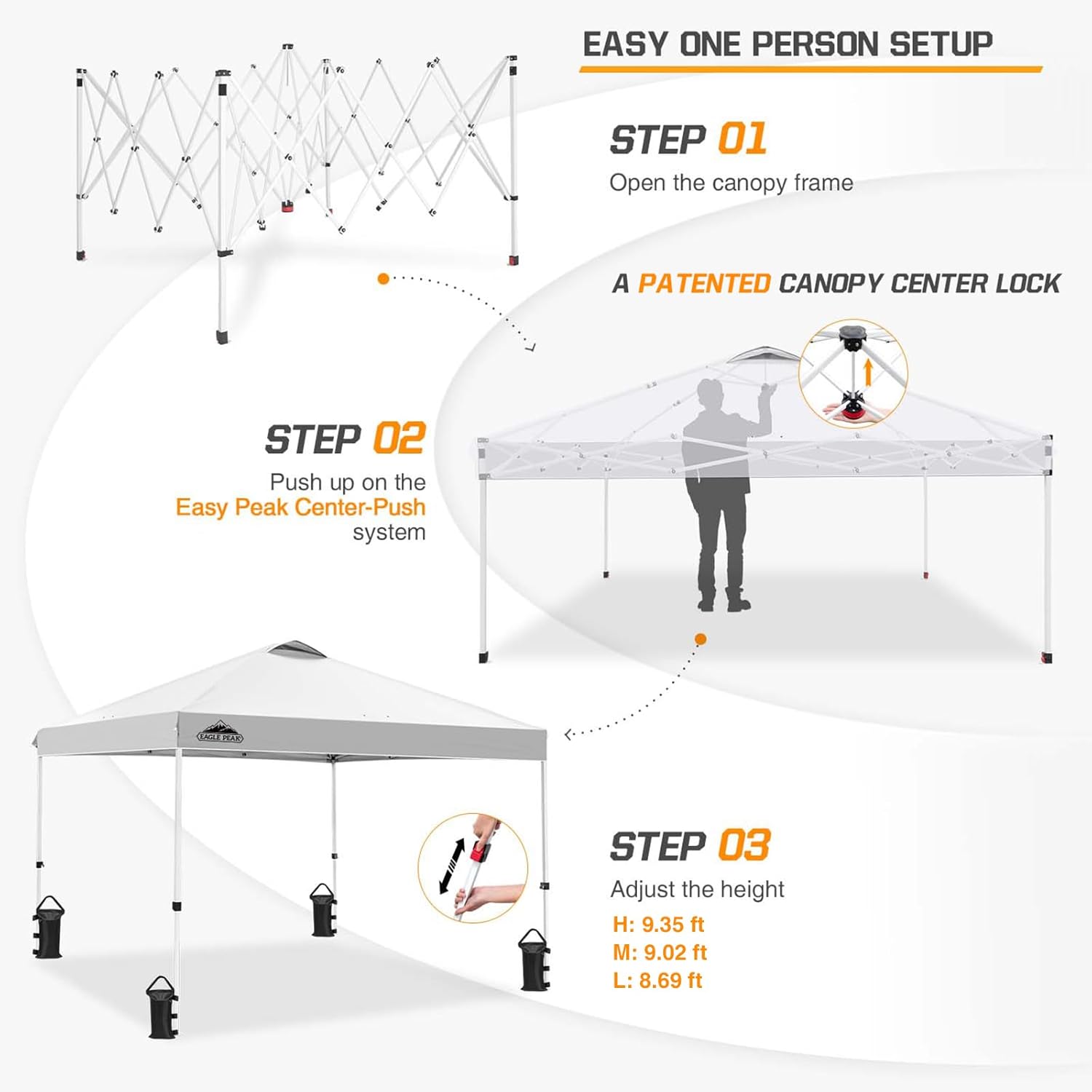 EAGLE PEAK Pop-up tonnelle de Jardin Pliable 3x3m, Tente Pliante avec Pieds Droits Hauteur réglable auvent pour Camping Plage Festival avec Sac à roulettes (Blanc)