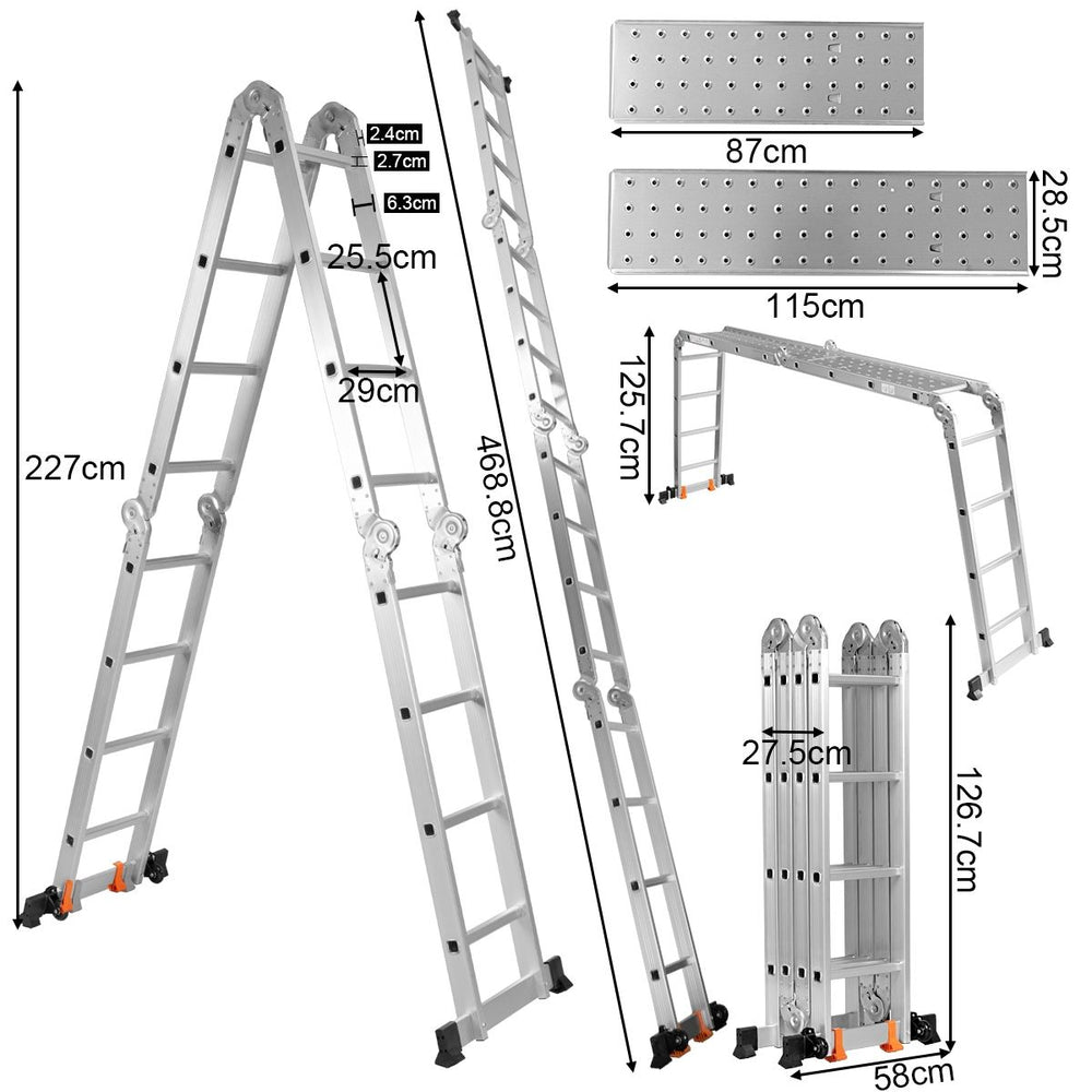 chelle Polyvalente 5 en 1 avec 2 Montants 4 Plis 15 Echelons Pliable et Multifonction Capacit 150kg en Aluminium -