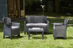 Dmora - Set salon d'extérieur Ostuni, Salon de jardin composé de 2 fauteuils, 1 canapé et 1 table basse, salon effet rotin avec coussins, 100% Made in Italy, Anthracite