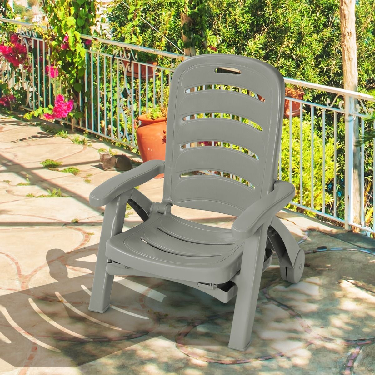 Chaise Longue Pliable Dossier Inclinable à 5 Positions avec Roues Intégrées pour Terrasse Jardin Piscine 150 kg Gris/Blanc/Bleu -
