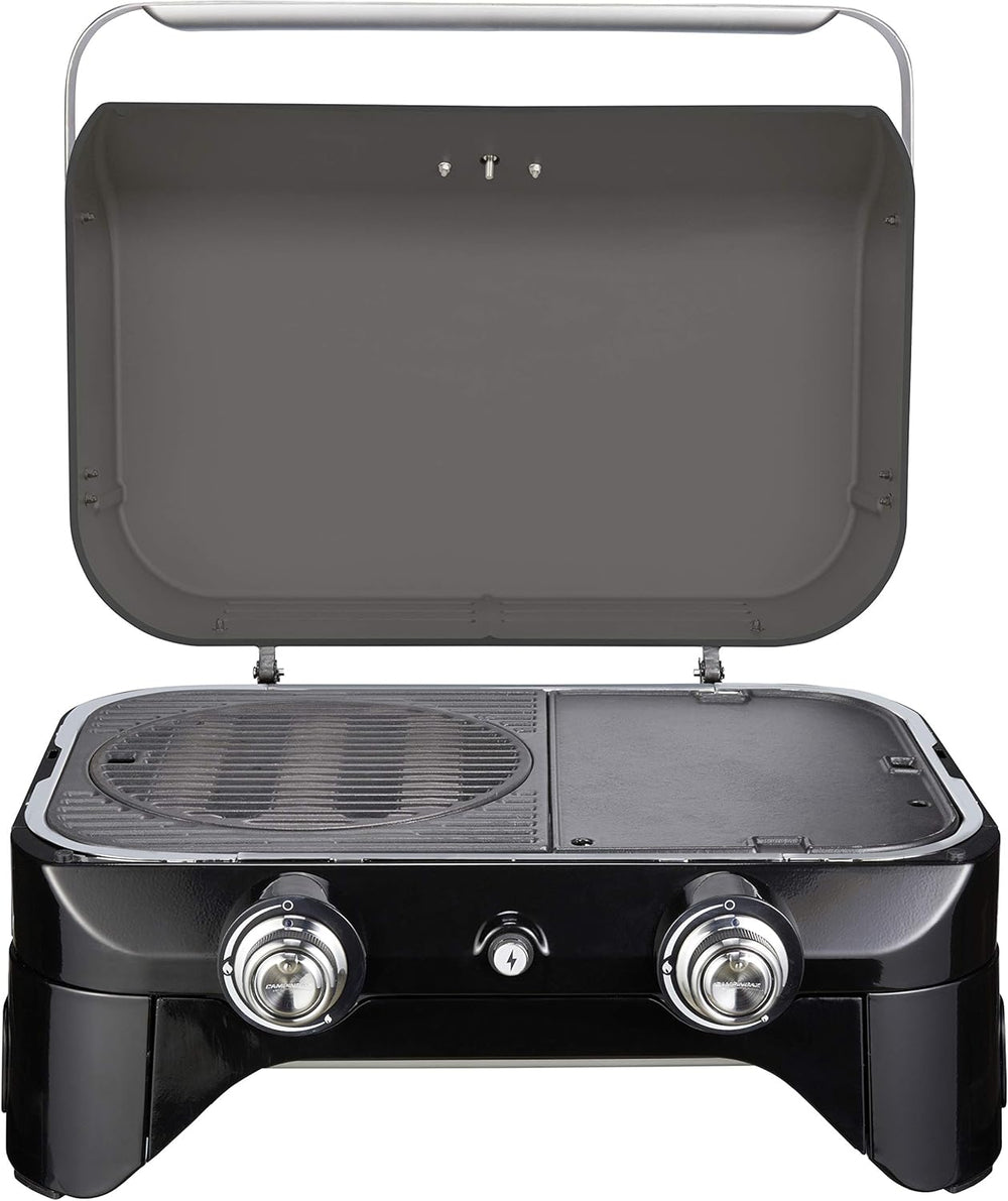 Attitude2go,Barbecue de Table à Faible fumée,BBQ Portable,à Couvercle,thermomètre,et Grille en Fonte,Alimentation : Cartouche de gaz CV 470 Plus,Gris