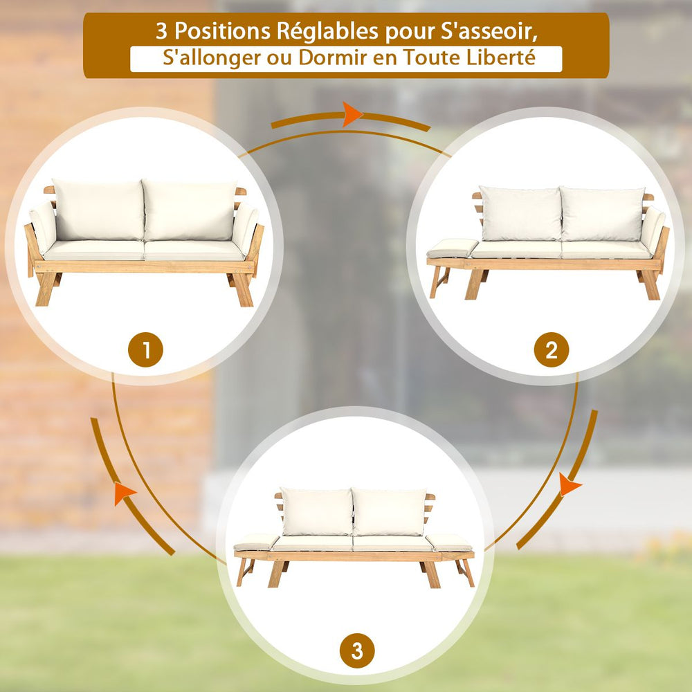 Chaise Longue Convertible avec Coussin Canapé de Jardin 2 en 1 en Bois d’Acacia avec Accoudoir Réglable pour Patio Piscine Jardin Blanc/Gris/Bleu/Rouge -