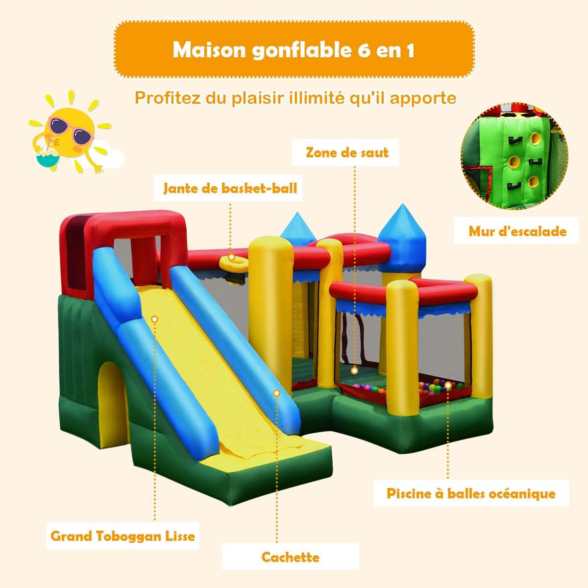 Ch芒teau Gonflable 4 en 1 pour Enfant 3-10 Ans avec Toboggan Aire de Saut Mur d橢scalade Panier de Basketball -