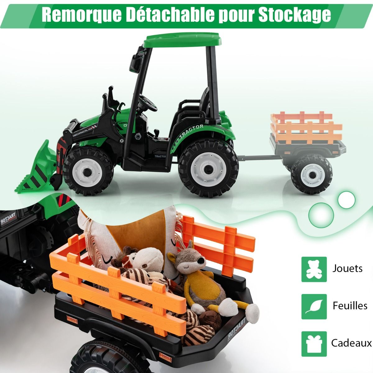 12V Tracteur lectrique Enfants avec Pelle&Remorque Amovible Vhicule lectrique  6 Roues avec Tlcommande & Musique 3-6 km/h pour 3-8 Ans Jaune/Vert -