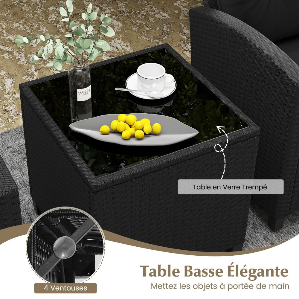 Ensemble de Meubles 3 Pices de Patio en Rotin Charge 180KG Salon de Jardin 2 Fauteuils Table Basse avec Plateau Noir/Beige/Blanc -