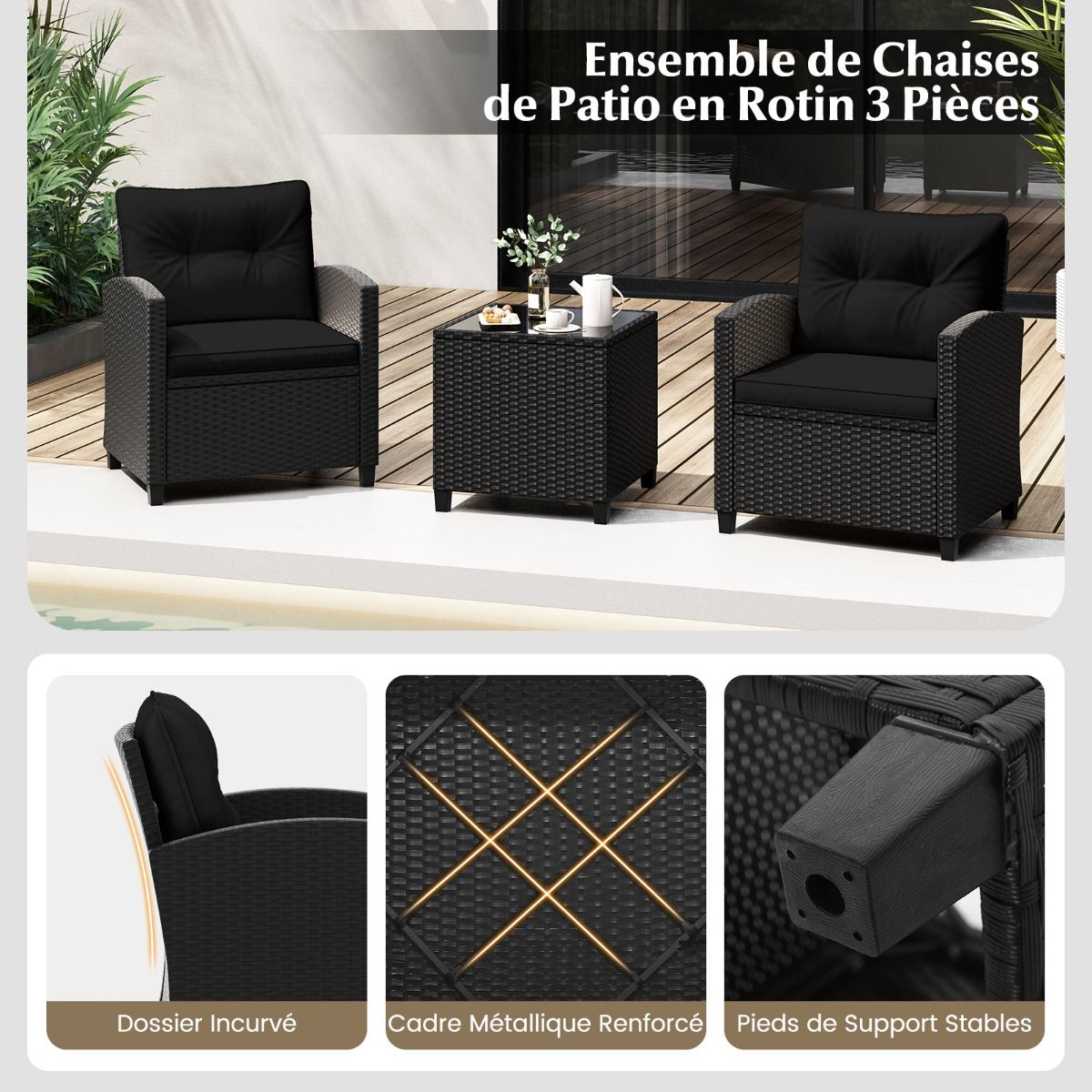 Ensemble de Meubles 3 Pices de Patio en Rotin Charge 180KG Salon de Jardin 2 Fauteuils Table Basse avec Plateau Noir/Beige/Blanc -