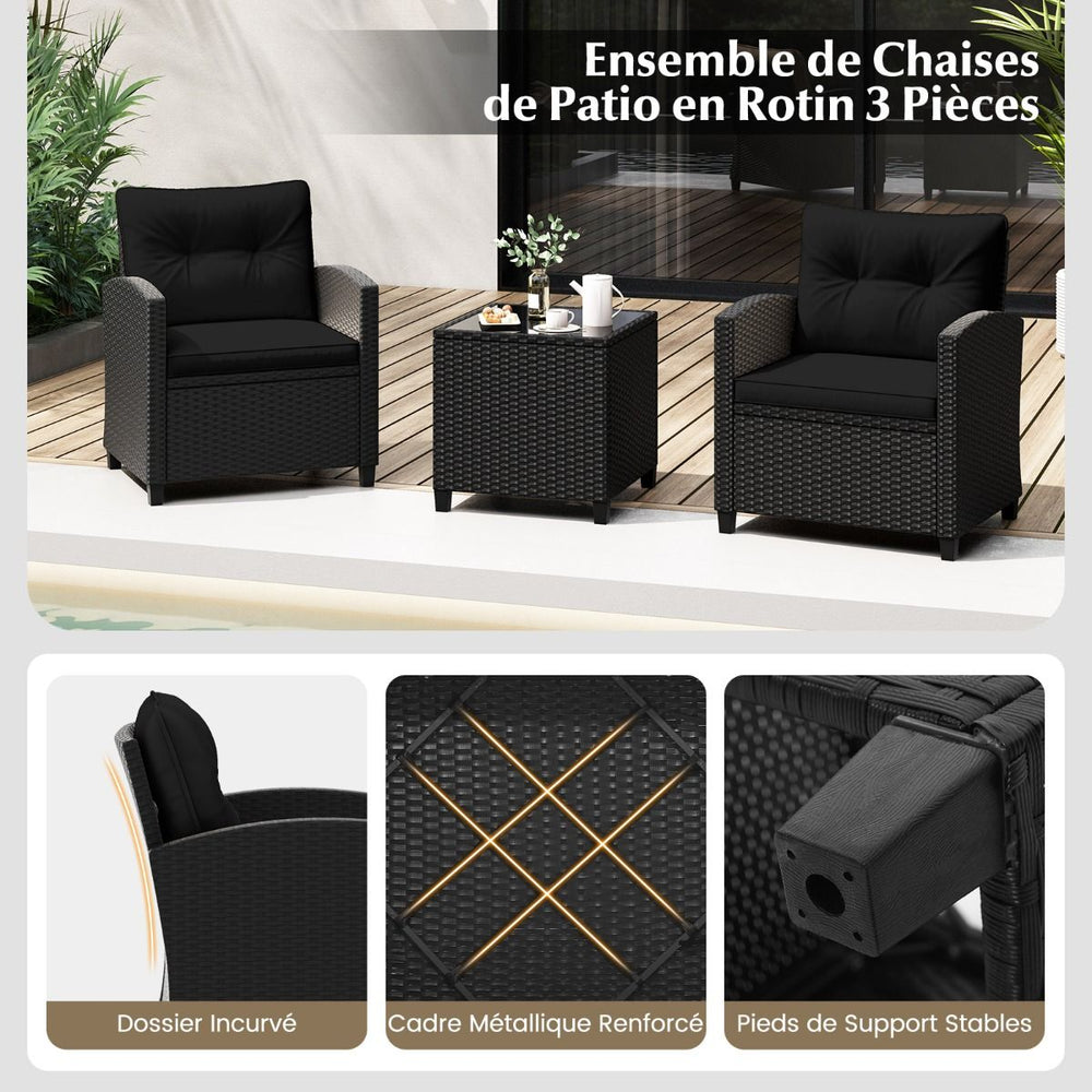 Ensemble de Meubles 3 Pices de Patio en Rotin Charge 180KG Salon de Jardin 2 Fauteuils Table Basse avec Plateau Noir/Beige/Blanc -