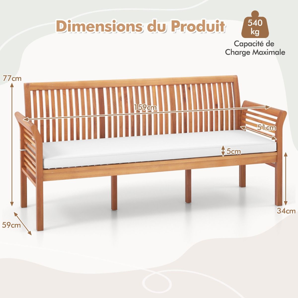 Banc de Terrasse en Bois 3 Places Banc en Acacia de 159 cm de Long avec Coussins d'Assise Doux Dossier et Accoudoirs Ergonomiques Blanc -
