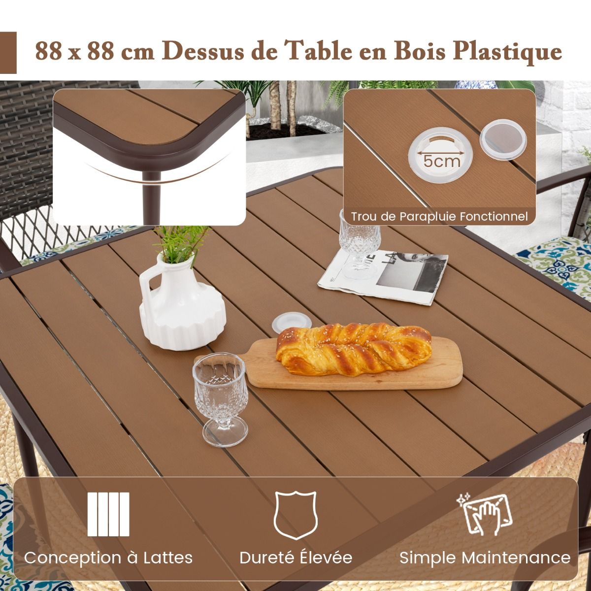 Ensemble de Meubles de Patio 5 Pièces Salon de Jardin 4 Fauteuils en Rotin avec Coussins et Table Carrée avec Trou pour Parasol -