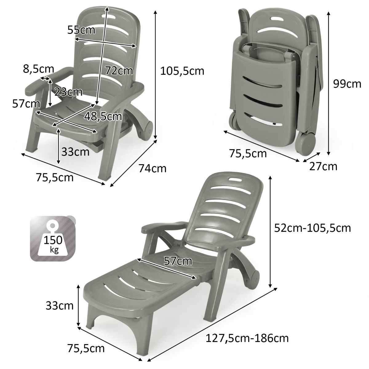 Chaise Longue Pliable Dossier Inclinable  5 Positions avec Roues Intgres pour Terrasse Jardin Piscine 150 kg Gris/Blanc/Bleu -