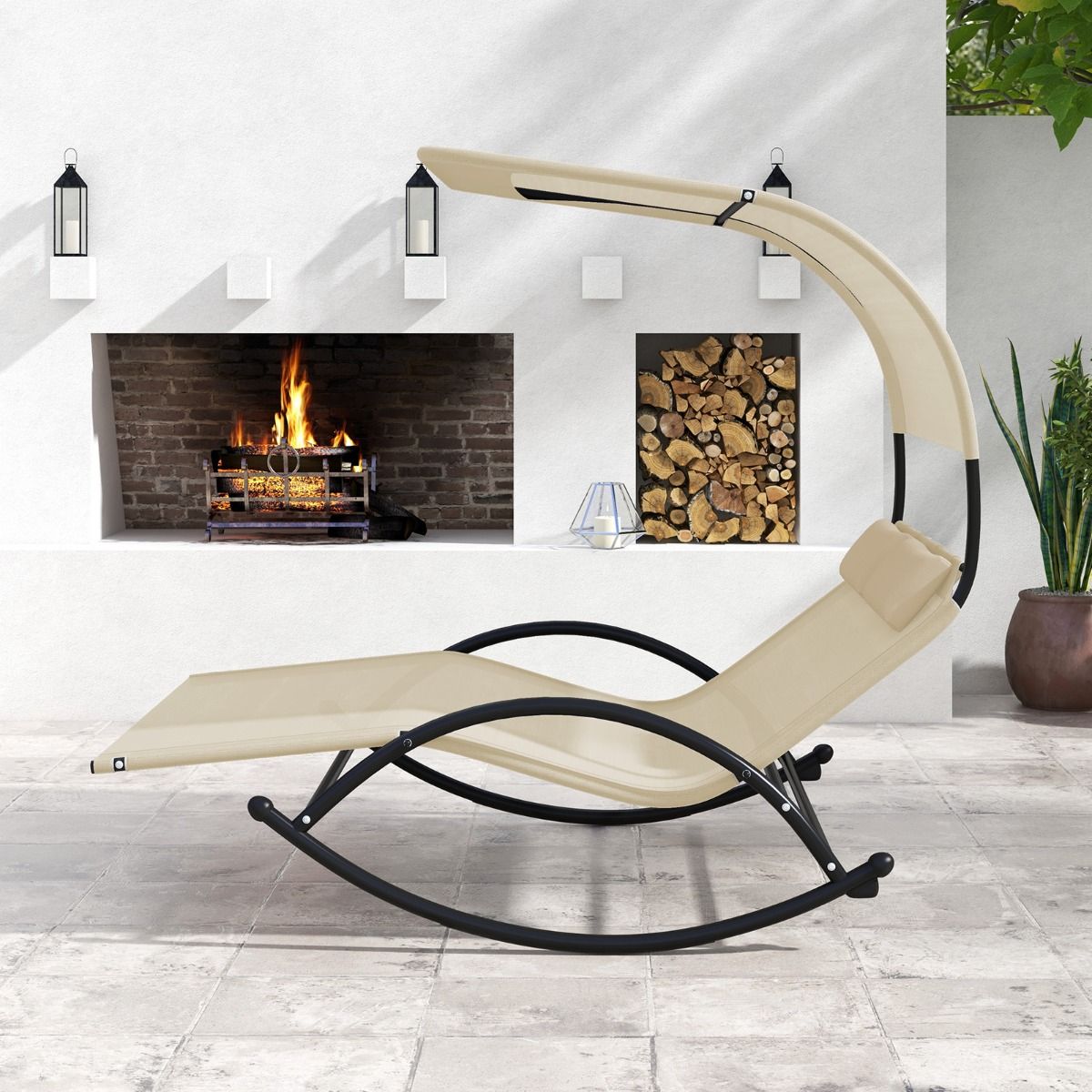 Chaise Longue Double Chaise à Bascule pour 2 Personnes 2 Appui-Têtes Amovibles Cadre en Métal Robuste Lit de Repos Ergonomique 2 Places Gris/Noir/Beige -