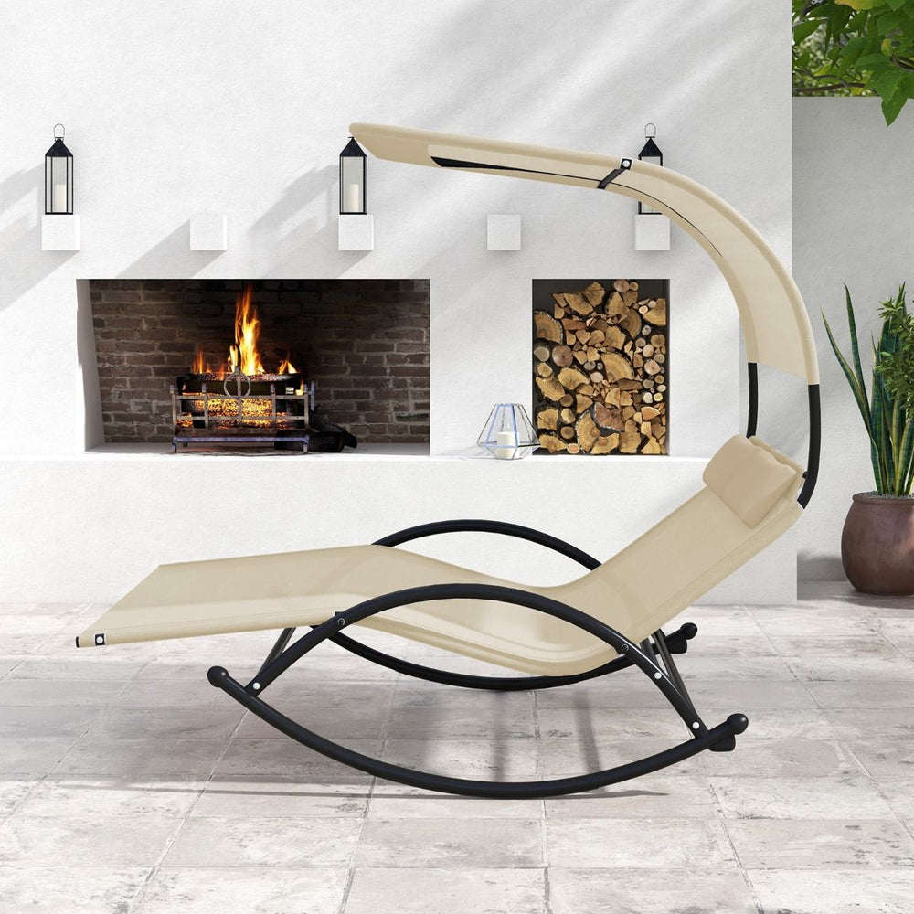 Chaise Longue Double Chaise à Bascule pour 2 Personnes 2 Appui-Têtes Amovibles Cadre en Métal Robuste Lit de Repos Ergonomique 2 Places Gris/Noir/Beige -