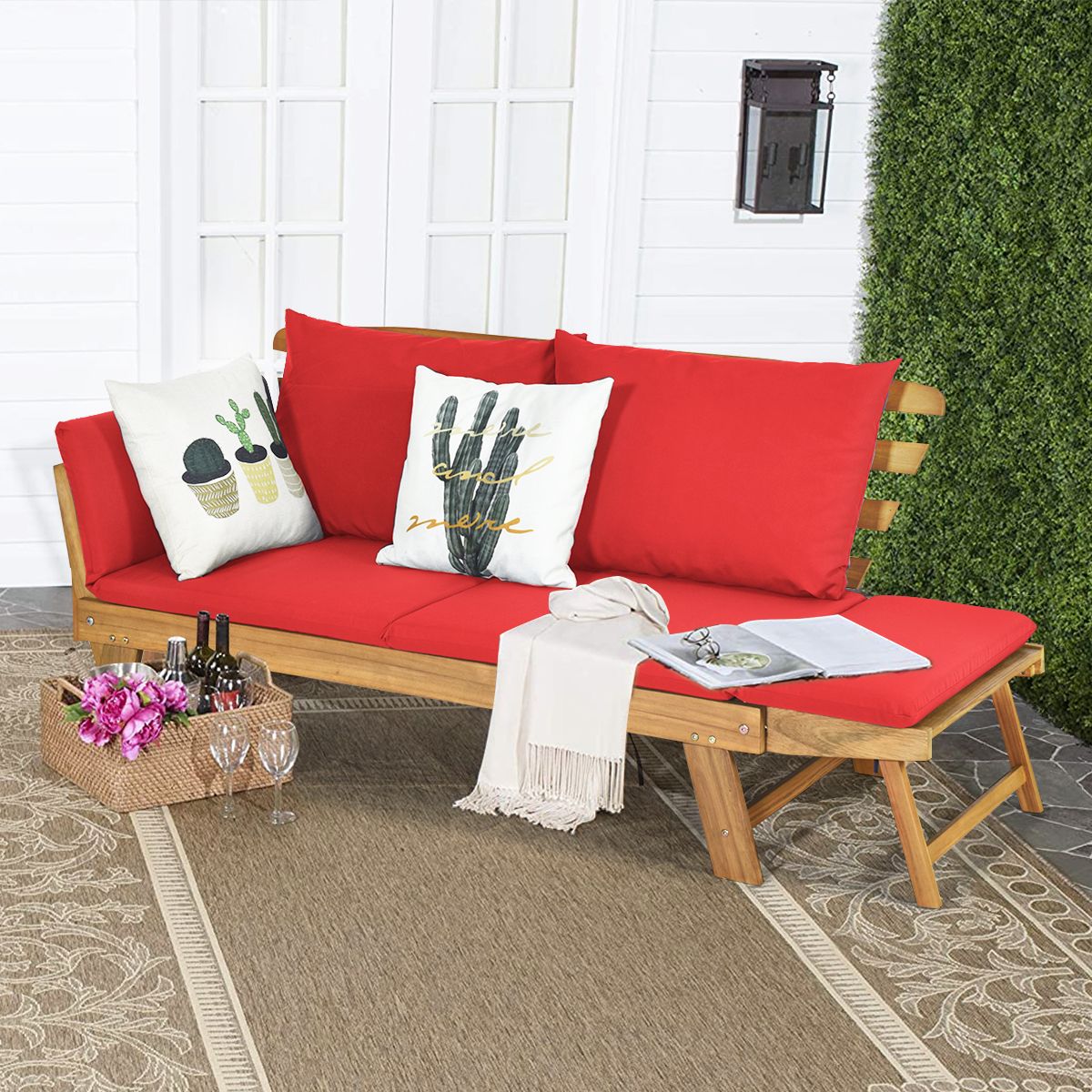 Chaise Longue Convertible avec Coussin Canapé de Jardin 2 en 1 en Bois d’Acacia avec Accoudoir Réglable pour Patio Piscine Jardin Blanc/Gris/Bleu/Rouge -