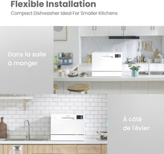 COMFEE' TD602E-W Lave-vaisselle compact pose libre, écran LED, 6,5 litres, blanc, niveau sonore : 47 dB