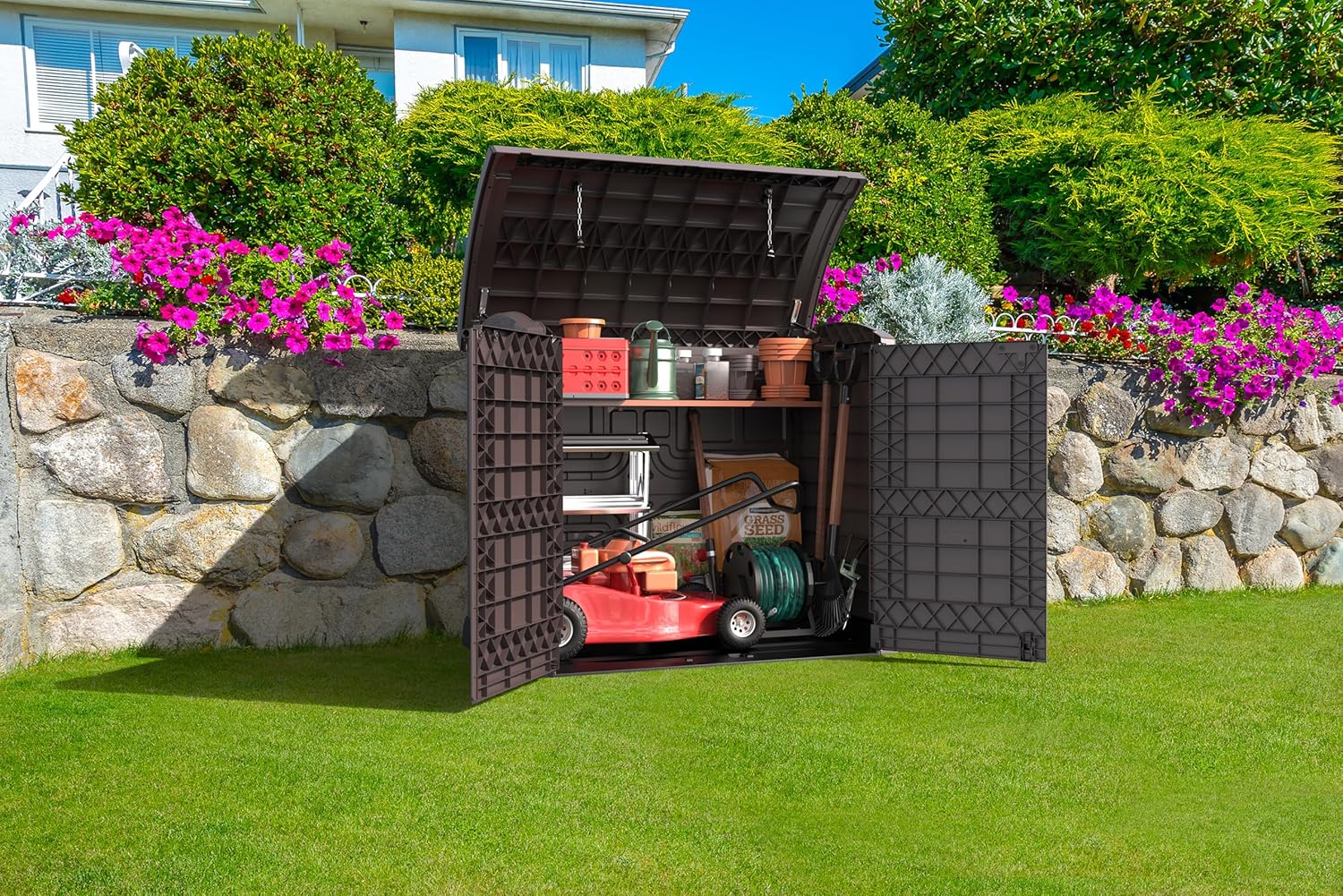 Duramax StoreAway 1200L Plastic Garden Shed/ Flat Lid,Outdoor Storage Shed,Wheelie Bin Hideaways,Wheelie bin box,Durable Construction,Ideal for Bikes,BBQs & 2x 240L Bins,145x85x125 cm,Brown