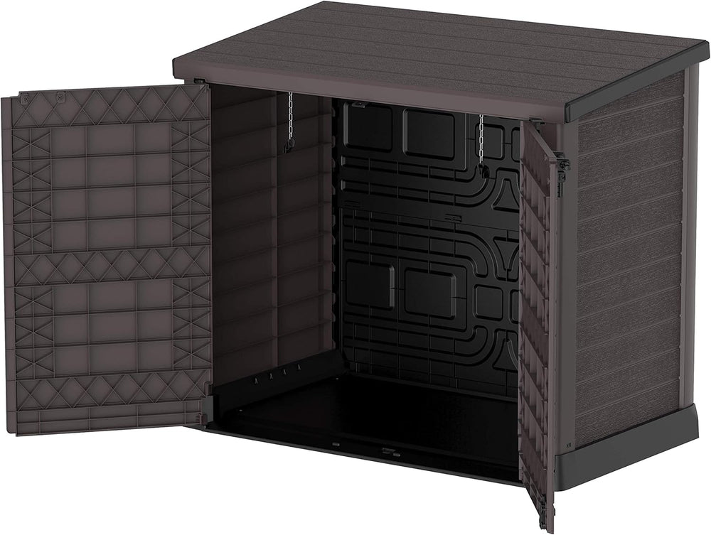 Duramax StoreAway 1200L Plastic Garden Shed/ Flat Lid,Outdoor Storage Shed,Wheelie Bin Hideaways,Wheelie bin box,Durable Construction,Ideal for Bikes,BBQs & 2x 240L Bins,145x85x125 cm,Brown