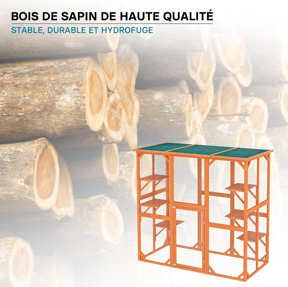 Wiltec Enclos extérieur – 168 x 82 x 166,5 cm – en Bois de Sapin et avec Grillage – Parc pour Chat résistant aux intempéries – avec 6 Zones de Repos – Félins