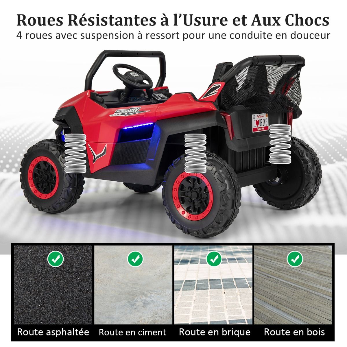 Voiture électrique Enfant 12 V Télécommande pour 3-8 Ans 2 Vitesses Ressort de Suspension Charge 59KG 118x74x71CM Noir/Rose/Rouge -