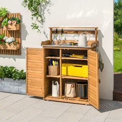 Banc d'Empotage d'Extérieur Table de Jardinage avec Comptoir en Métal Galvanisé 3 Crochets de Suspension Etagères Amovibles Naturel -