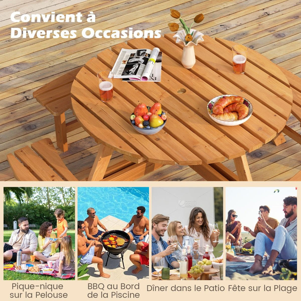 Ensemble Table de Pique-Nique en Bois pour 2  8 Personnes Set Table et Banc Circulaire avec 4 Bancs Intgrs Trou de Parasol de 5cm Marron/Jaune -