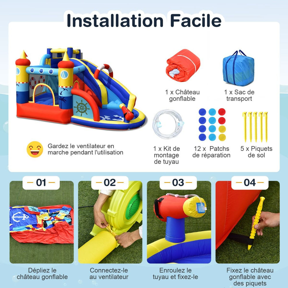 Château Gonflable Style Bateau avec Toboggan Incurvé Zone de Saut Mur d'Escalade Gonfleur non Inclus -