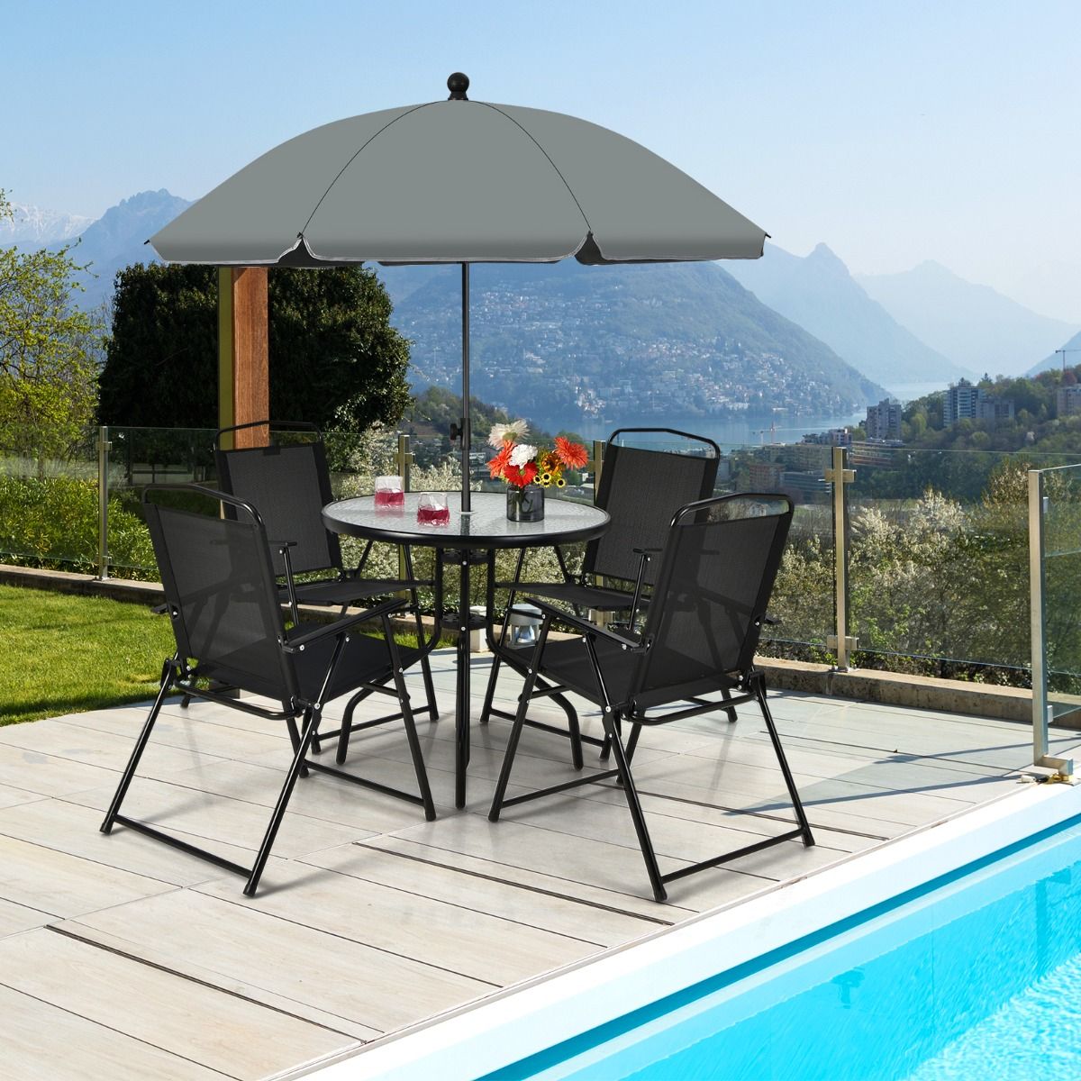 Ensemble Salon de Jardin 6 Pcs 4 Chaises Pliantes Table Basse en Verre et Parasol pour Terrasse Piscine Cour Noir -