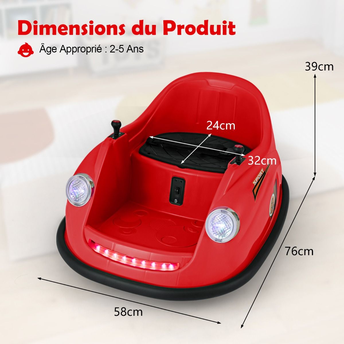 Auto-tamponneuse Electrique 12V pour Enfants Alimentée par Batterie Télécommande Lumières LED Musique pour les 2-5 Ans Rose/Rouge/Bleu -