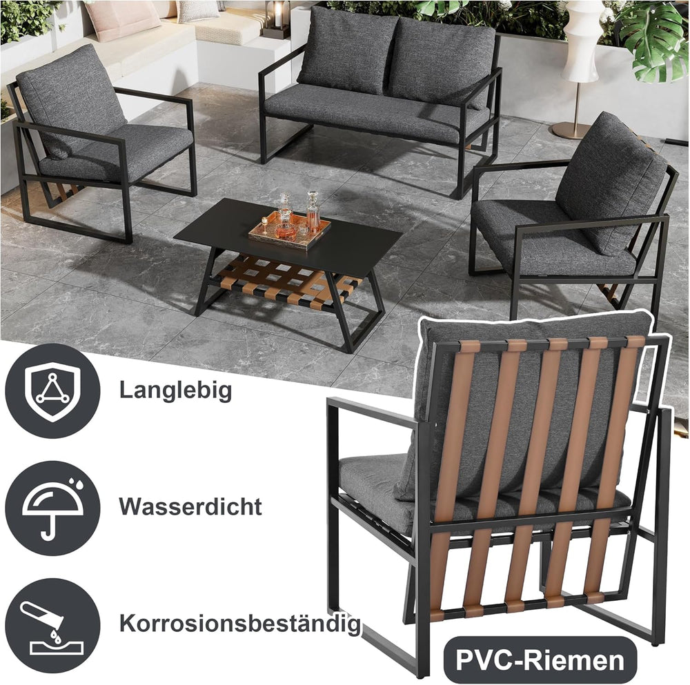 Salon de Jardin,Salon de Jardin 4 Personnes,avec canapé,Table Basse et Coussins,Housse en Tissu déhoussable et Lavable,Noir (Coussins d'assise Inclus)