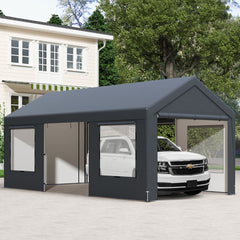 Abri de Voiture 595 x 300 cm Extérieur Tente de Garage avec 8 Parois Latérales Amovibles Portes Enroulables Fenêtres Ventilées Gris -