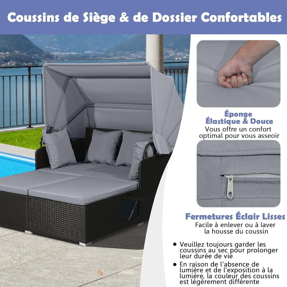 Chaise Longue à 2 Places en Rotin avec Auvent Rétractable Bain de Soleil avec Panneaux Latéraux Pliables Charge 360KG Beige/Gris -