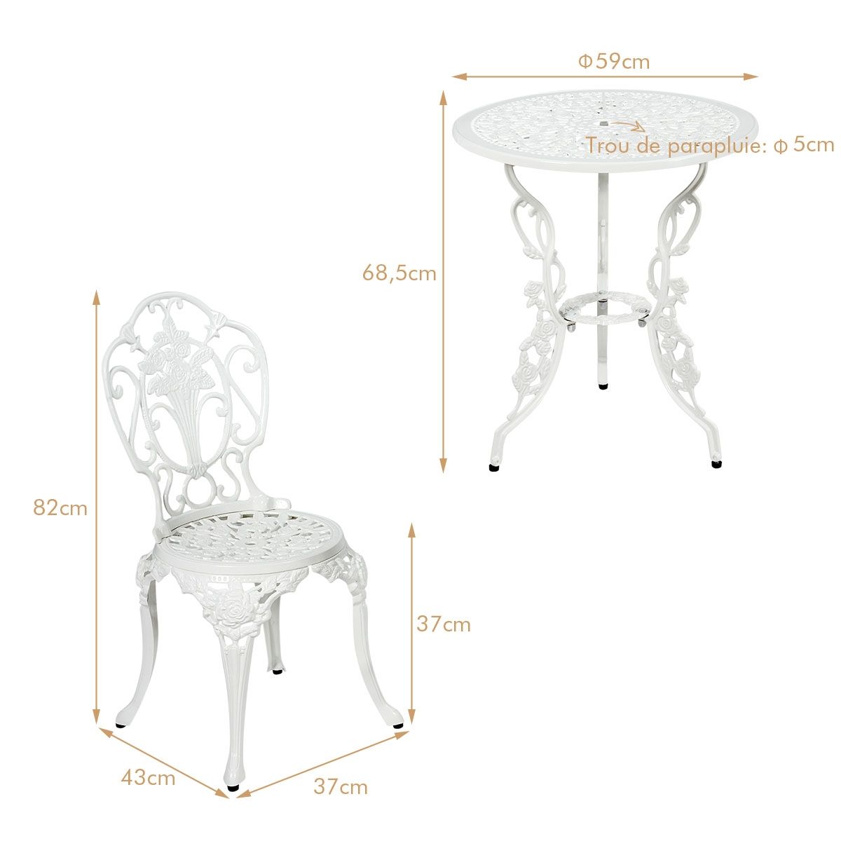 Ensemble Table et 2 Chaises pour Jardin en Aluminium en Forme de Rose Blanc Rsistant aux Intempries -