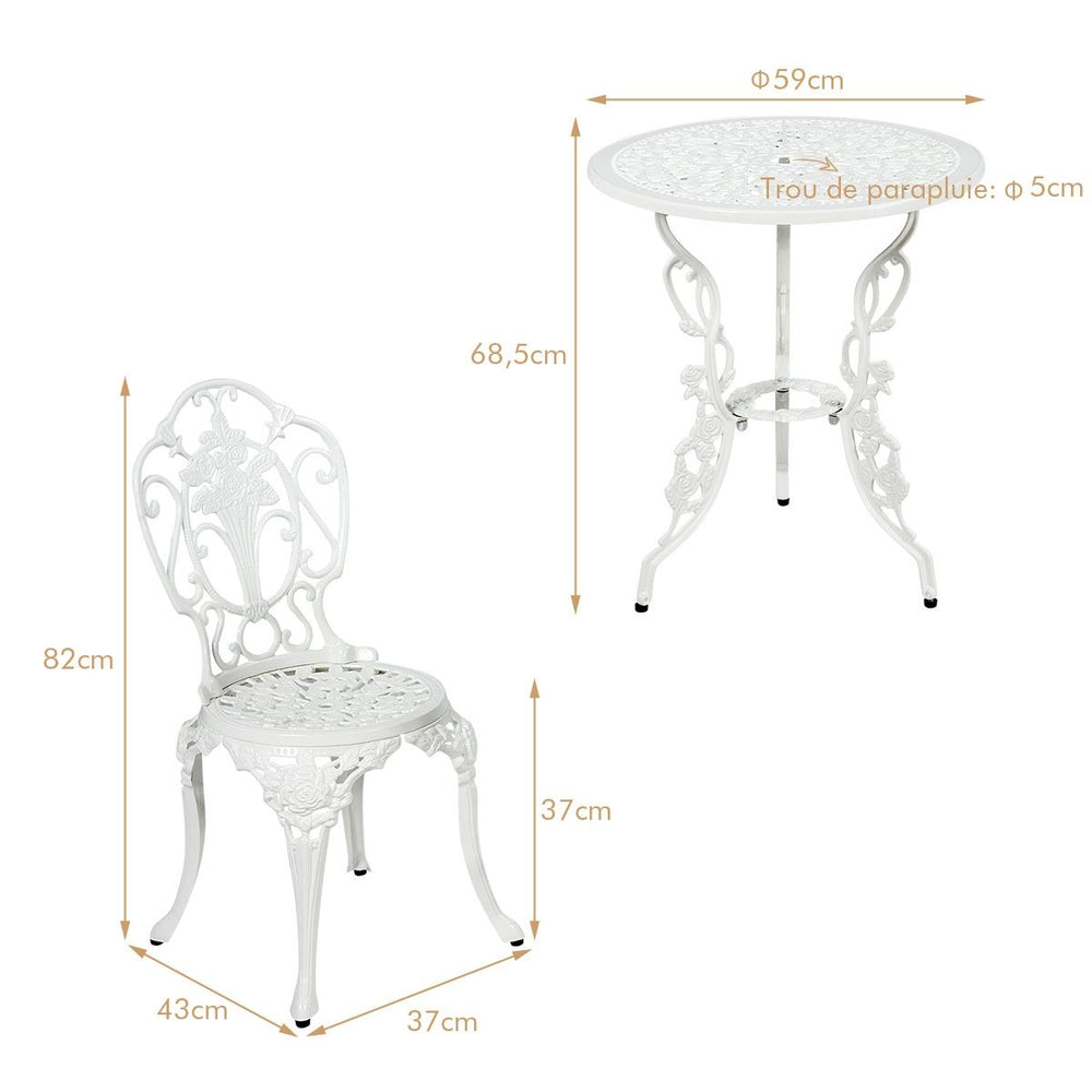 Ensemble Table et 2 Chaises pour Jardin en Aluminium en Forme de Rose Blanc Rsistant aux Intempries -