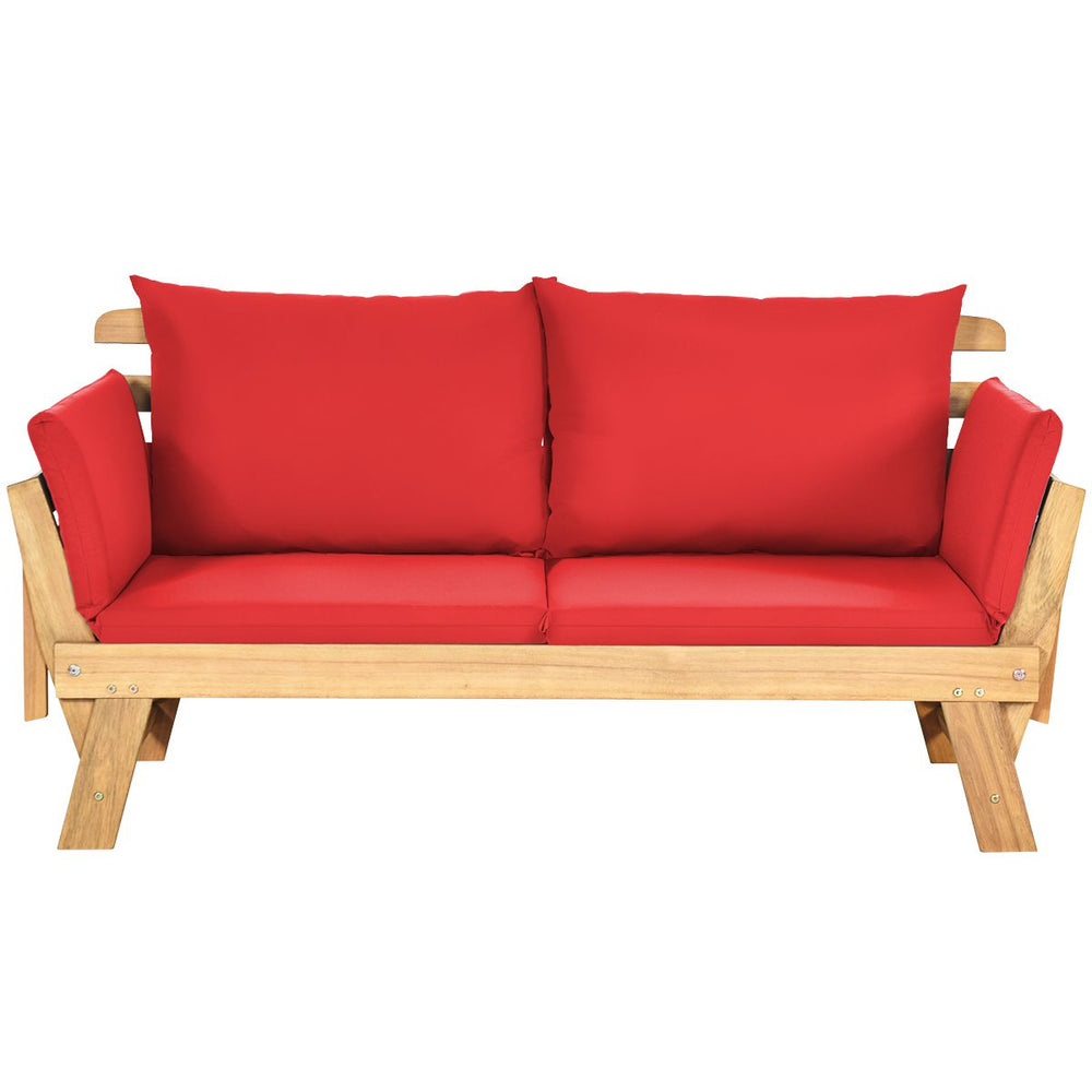 Chaise Longue Convertible avec Coussin Canapé de Jardin 2 en 1 en Bois d’Acacia avec Accoudoir Réglable pour Patio Piscine Jardin Blanc/Gris/Bleu/Rouge -