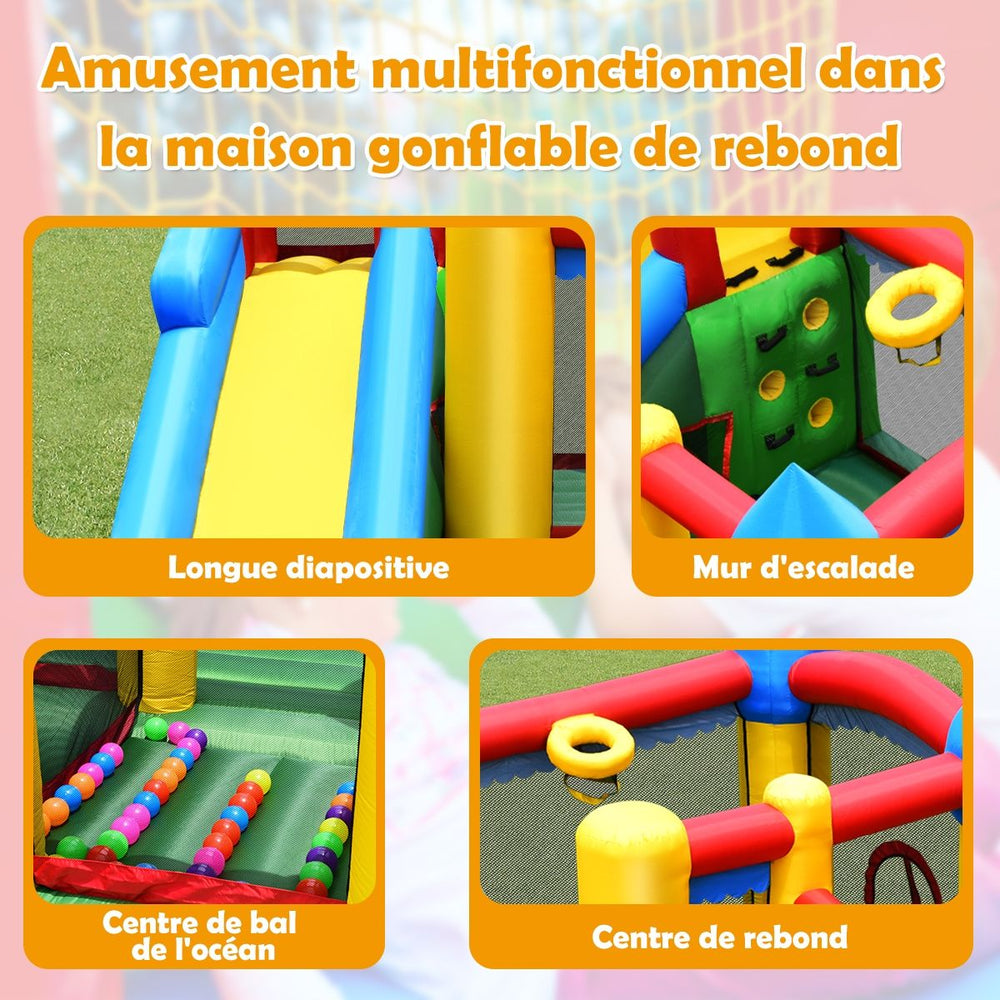Château Gonflable 4 en 1 pour Enfant 3-10 Ans avec Toboggan Aire de Saut Mur d’Escalade Panier de Basketball -