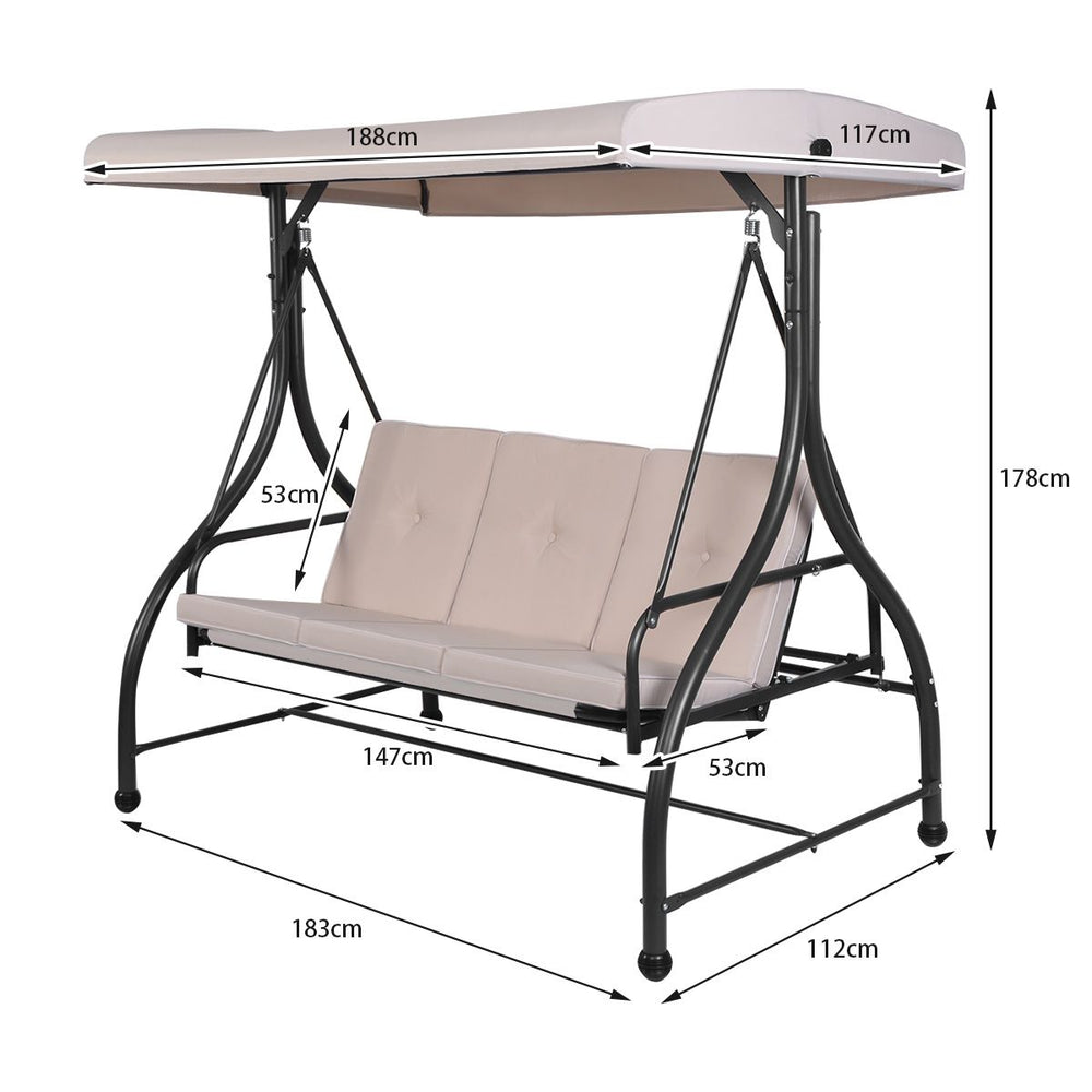 Balancelle d'Extérieur Convertible Jardin Porche Avec Sièges à Coussins Auvent Réglable et Cadre en Métal Enduit Hamac 3 Places Beige -