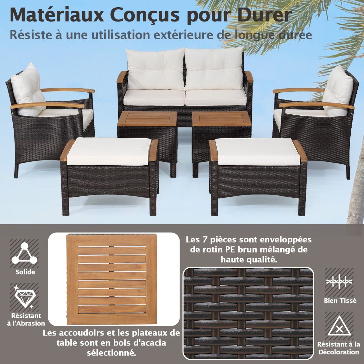 Ensemble de Canaps de Patio en Rotin PE 7 Pices avec Coussins d'Assise et de Dossier 2 Poufs 2 Tables Basses Plateau de Table -