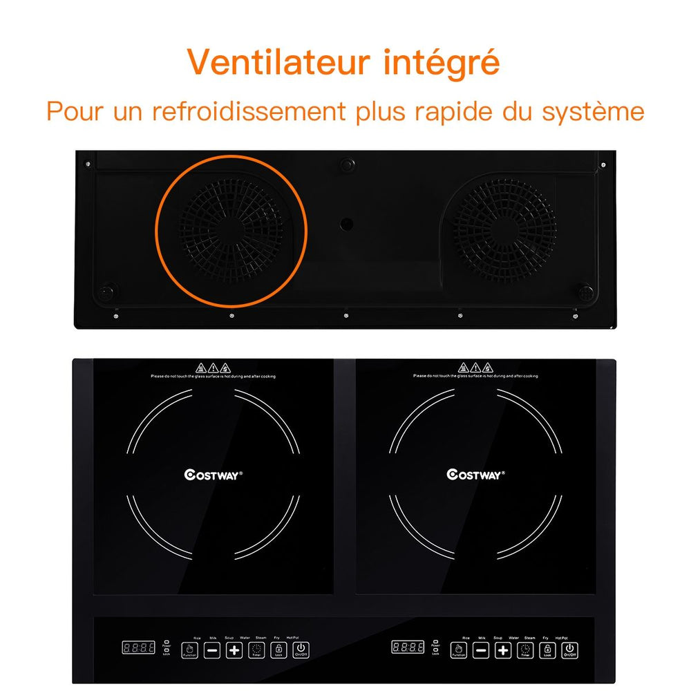 Double Plaque de Cuisson Electrique en Vitrocéramique 1800W+1800W 2 Zones 8 Niveaux de Température/Puissance Variables Noir -