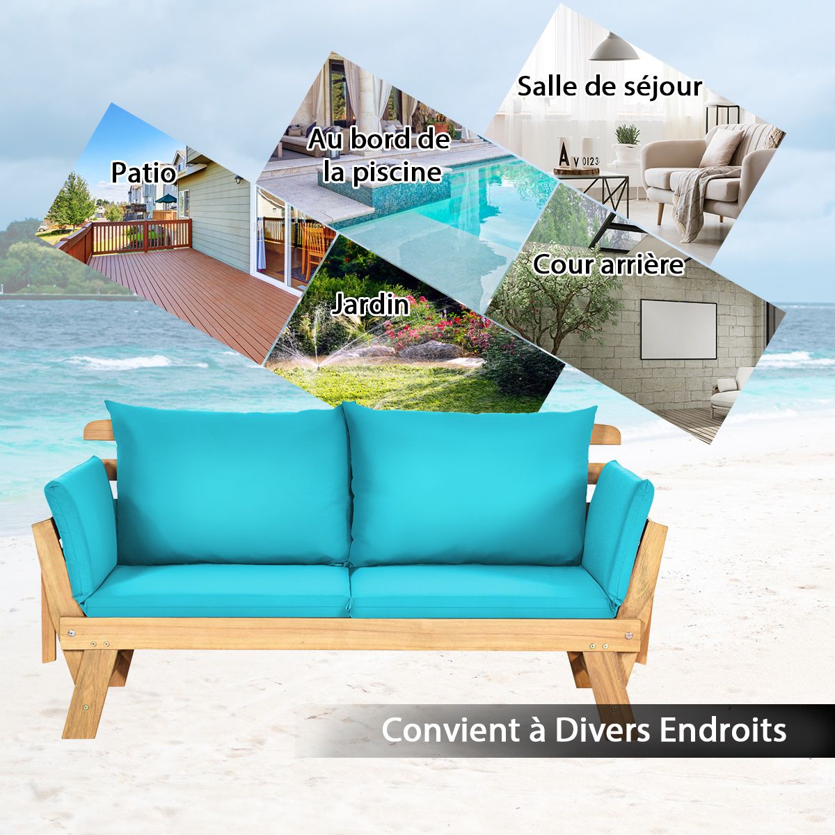Chaise Longue Convertible avec Coussin Canapé de Jardin 2 en 1 en Bois d’Acacia avec Accoudoir Réglable pour Patio Piscine Jardin Blanc/Gris/Bleu/Rouge -