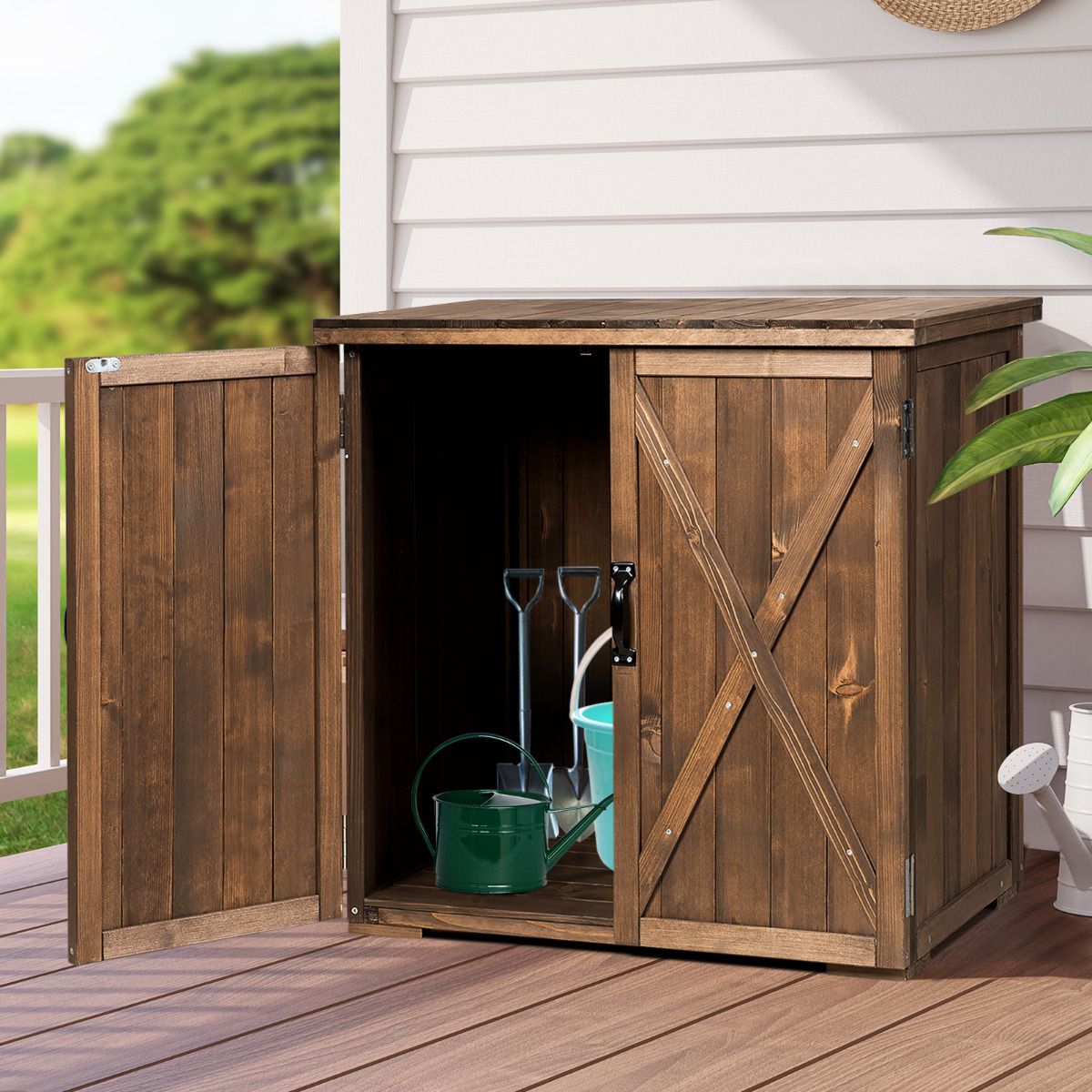 Armoire de Jardin Exterieur en Bois 77,5 x 56 x 72 cm Abri à Outils avec Double Portes Marron -