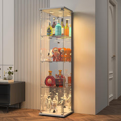 BPKADHY Vitrine sur pied en verre à 4 couches - 1 porte - Lampe LED et serrure avec paroi arrière miroir - Armoire de salon pour objets de collection et livres - Blanc