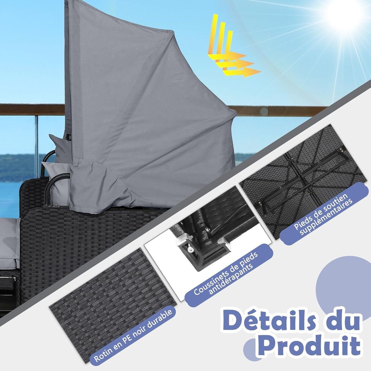 Chaise Longue à 2 Places en Rotin avec Auvent Rétractable Bain de Soleil avec Panneaux Latéraux Pliables Charge 360KG Beige/Gris -