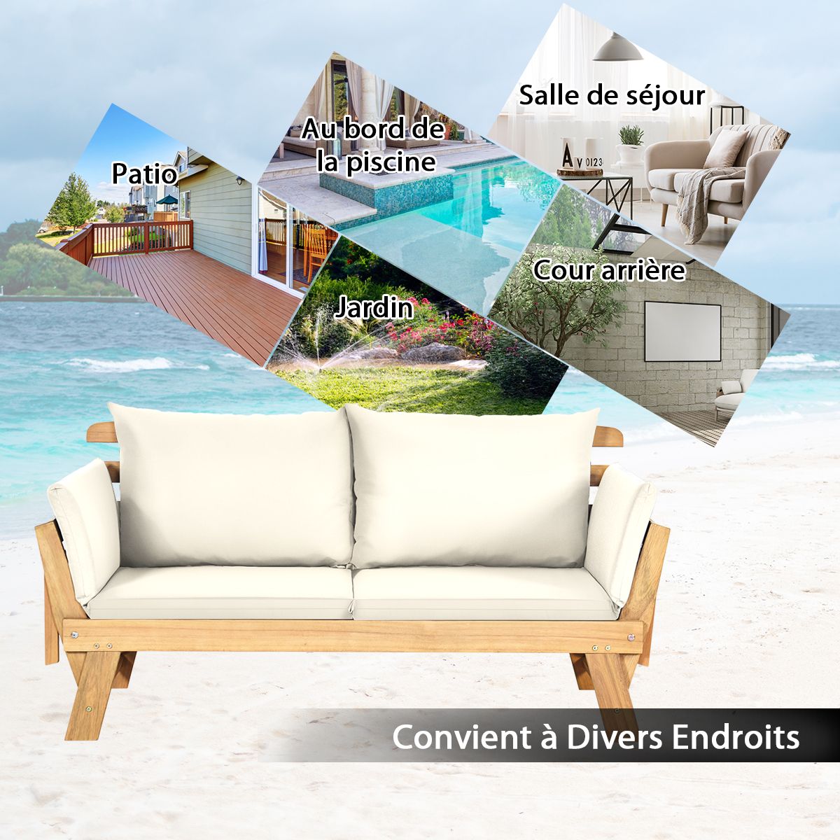 Chaise Longue Convertible avec Coussin Canapé de Jardin 2 en 1 en Bois d’Acacia avec Accoudoir Réglable pour Patio Piscine Jardin Blanc/Gris/Bleu/Rouge -