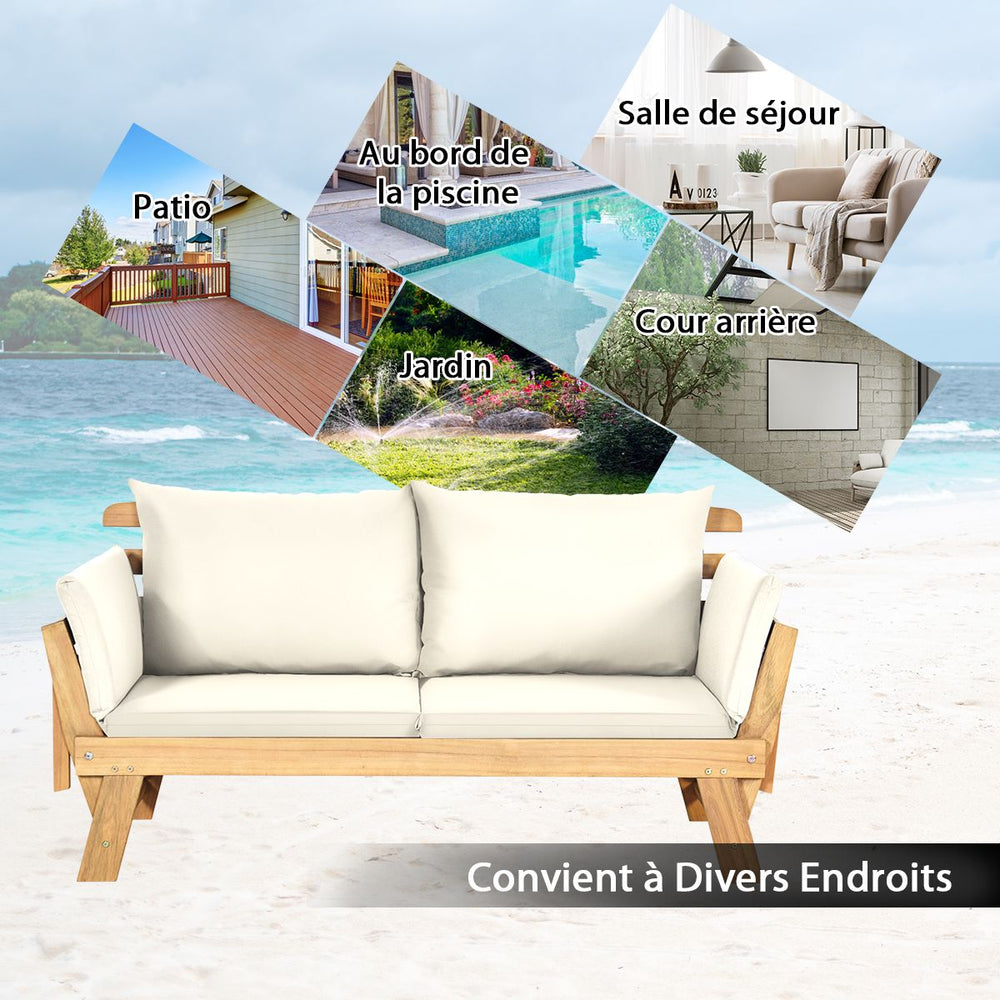 Chaise Longue Convertible avec Coussin Canapé de Jardin 2 en 1 en Bois d’Acacia avec Accoudoir Réglable pour Patio Piscine Jardin Blanc/Gris/Bleu/Rouge -