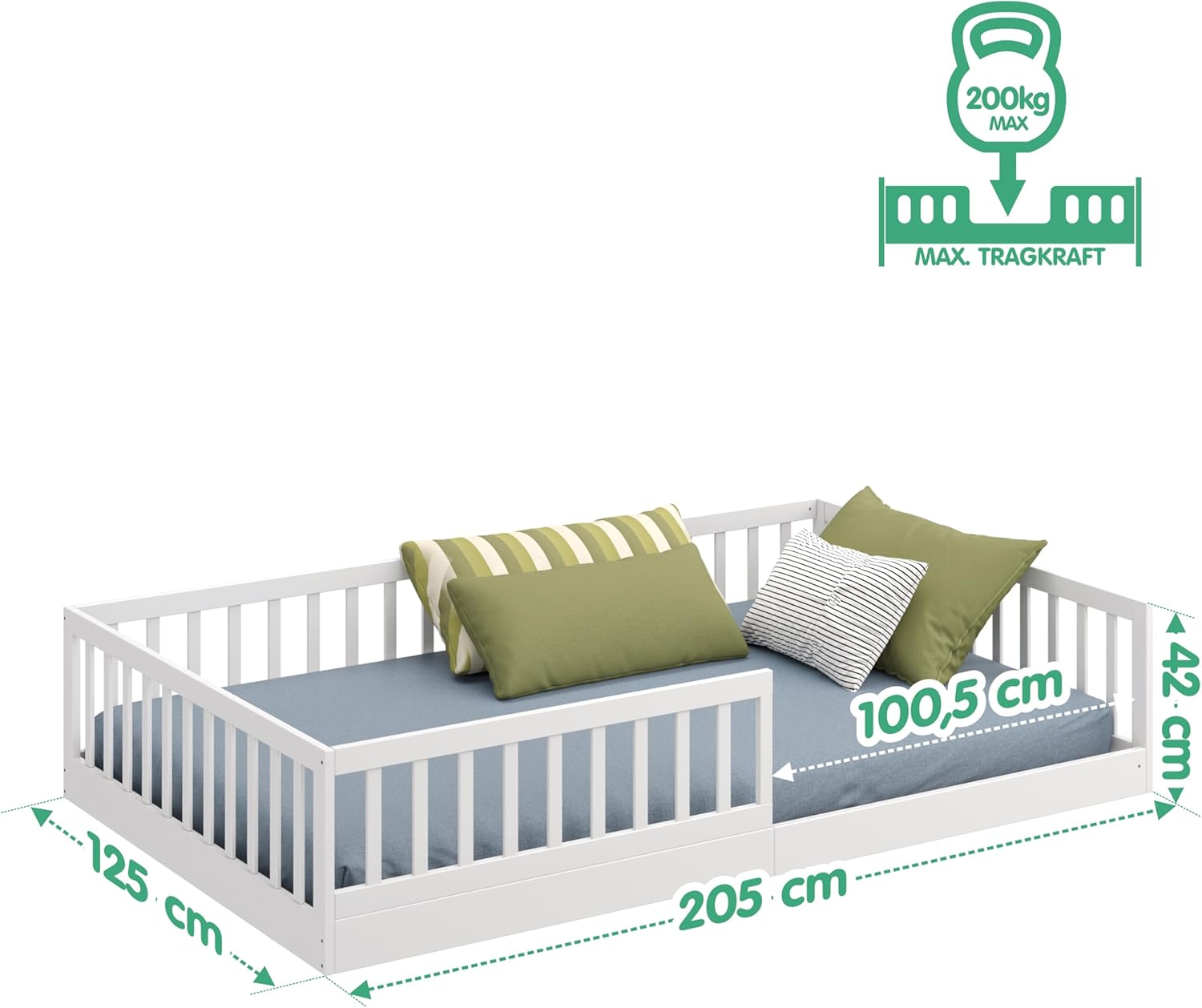 CADANI Timi 2en1 Lit au Sol 120x200 cm Lit Enfant Montessori avec Barrière de Sécurité et Sommier à Lattes, Bois Massif Pin, Blanc, 3 Variantes de Construction, Transformable
