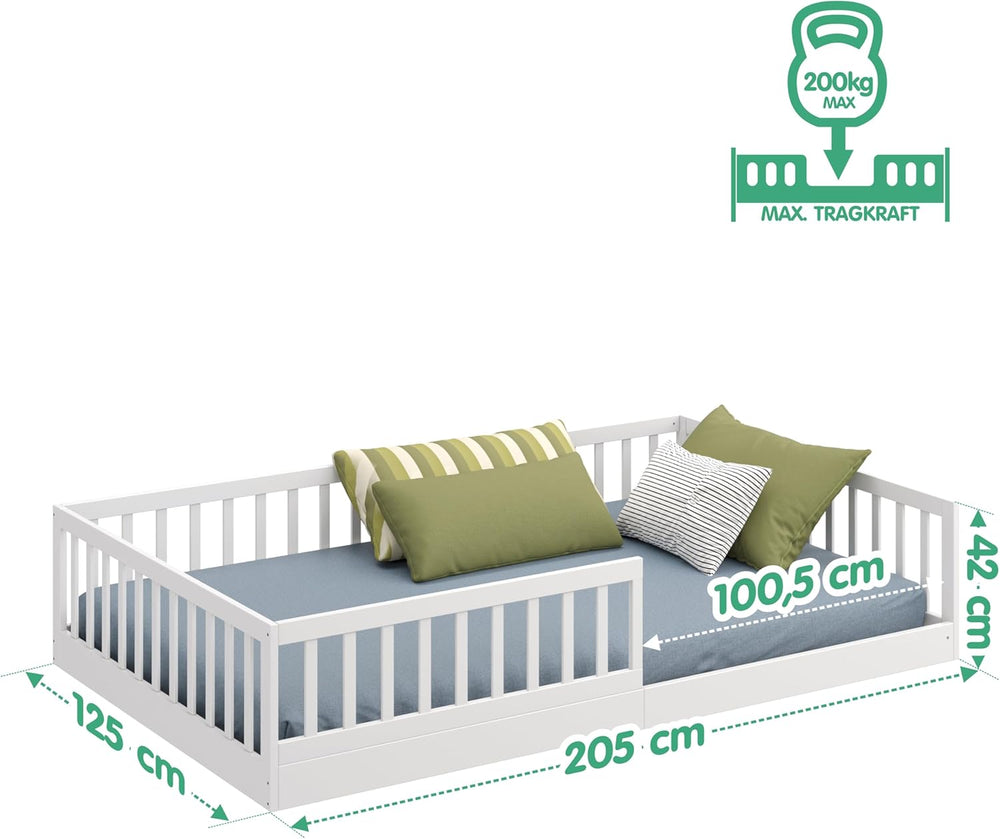CADANI Timi 2en1 Lit au Sol 120x200 cm Lit Enfant Montessori avec Barrière de Sécurité et Sommier à Lattes, Bois Massif Pin, Blanc, 3 Variantes de Construction, Transformable