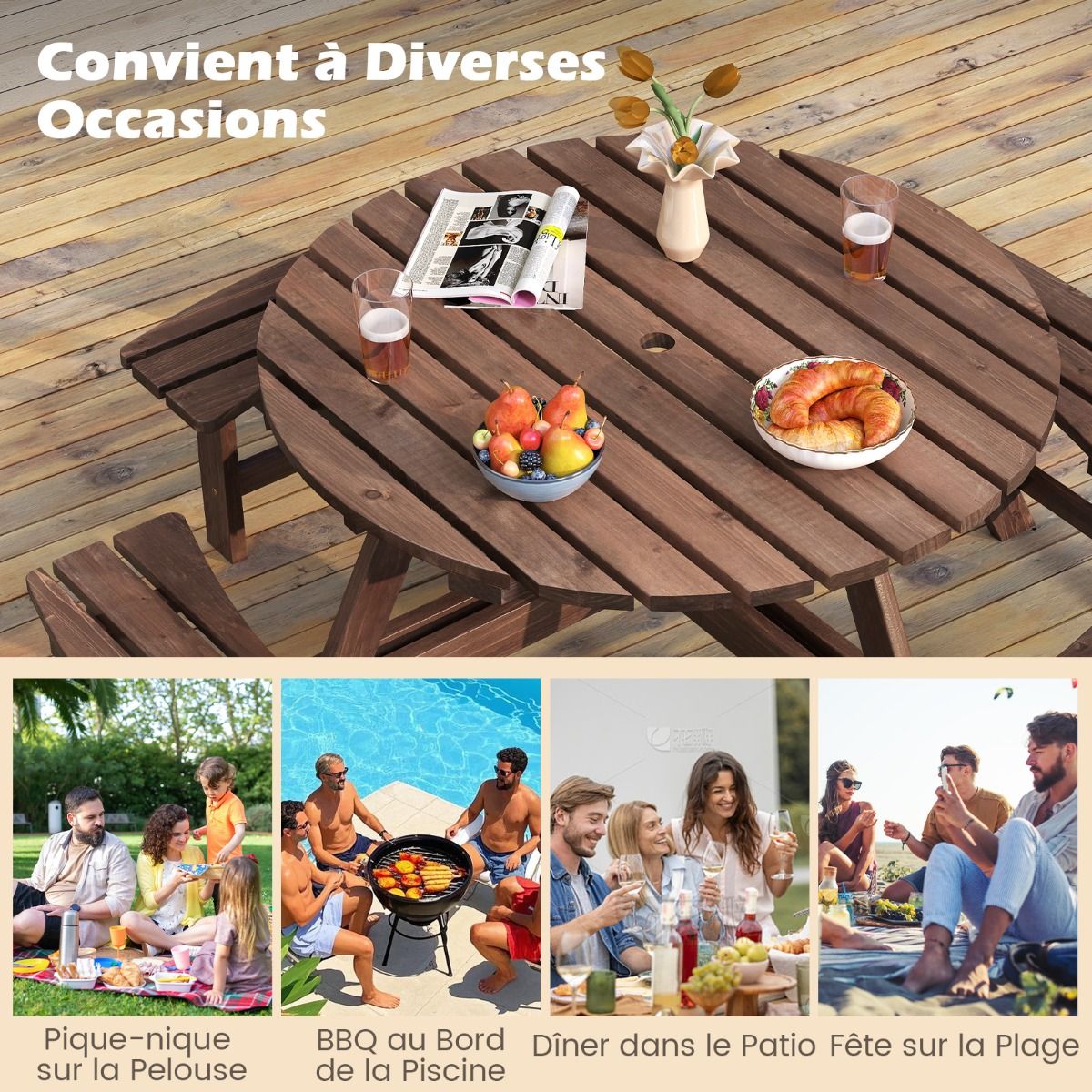 Ensemble Table de Pique-Nique en Bois pour 2 à 8 Personnes Set Table et Banc Circulaire avec 4 Bancs Intégrés Trou de Parasol de 5cm Marron/Jaune -