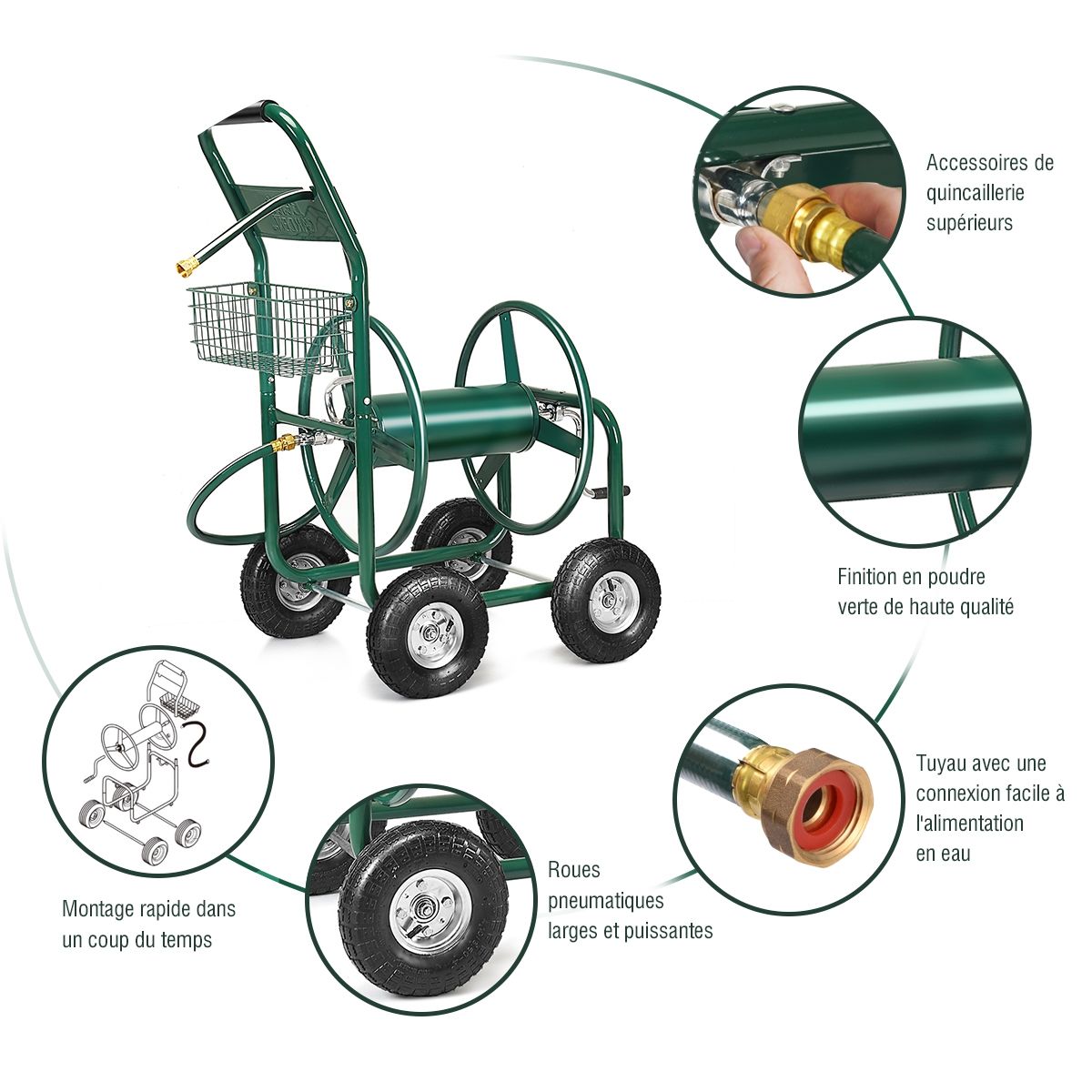 Dvidoir de Tuyau d橝rrosage avec 4 Roulettes Chariot pour 1.7m de Tuyau d橝rrosage Panier,95x62x113cm,Vert -