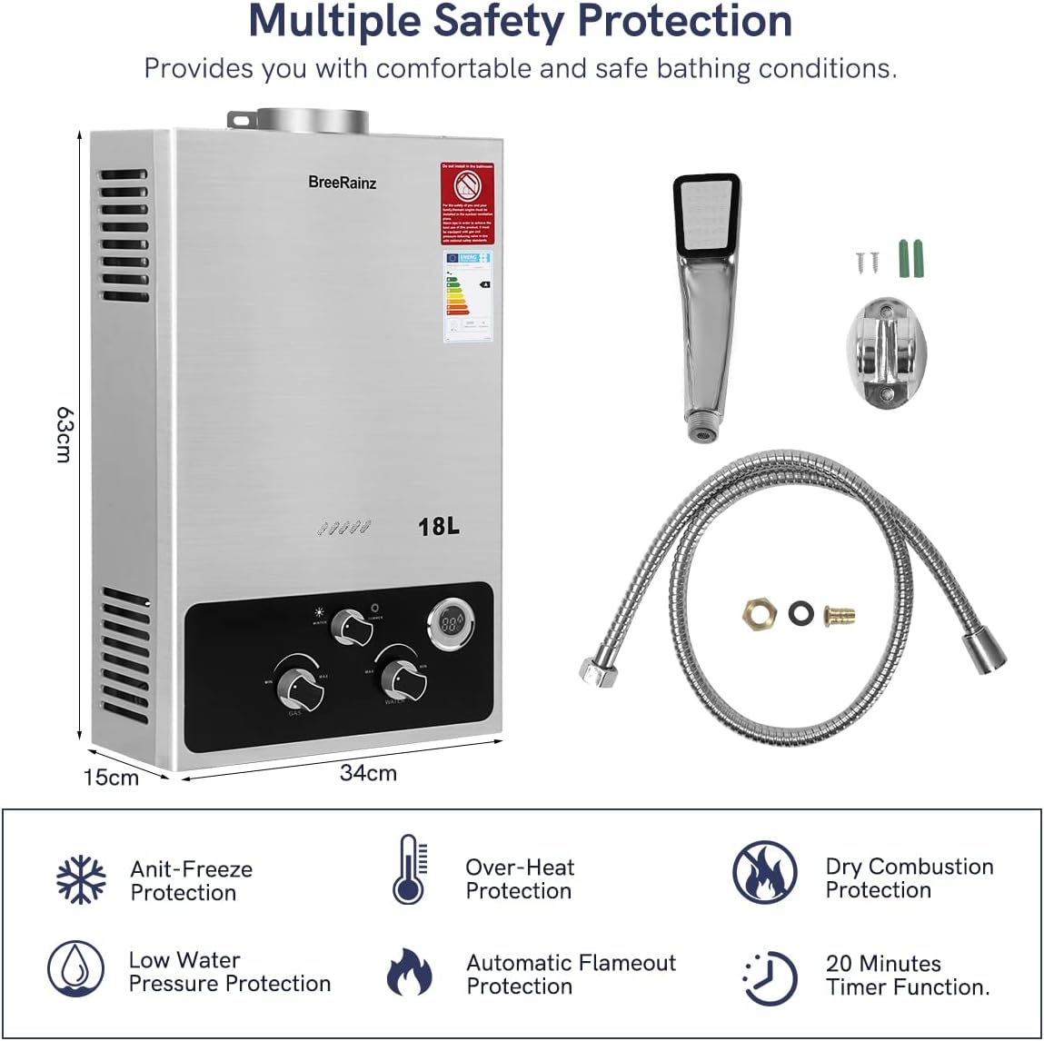 BreeRainz 18LPM Chauffe-Eau à Gaz,36KW Chauffe-Eau à Gaz Instantané Propane Butane,Pression d'eau de Démarrage Super Basse,pour Maison,Camping-car